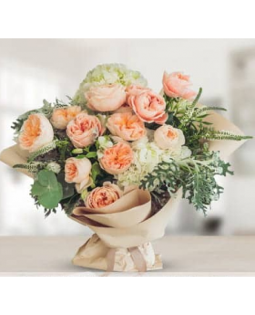 Bouquet Of Peach Peonies & White Hydrangea