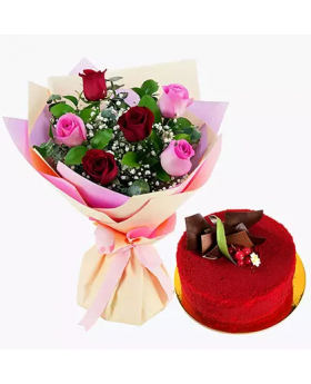 Pink and Red Roses with Red Velvet Cake