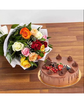 Dozen Multi Roses with Fudge Cake