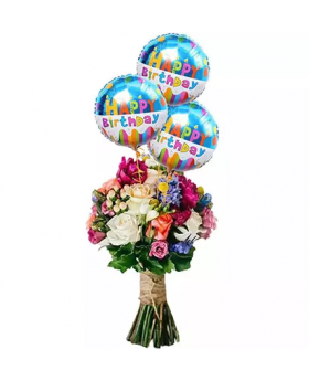 Mixed Flower Bunch With Birthday Balloons