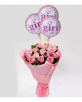 Pink Roses Bouquet with Balloons