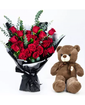 24 Roses Bouquet with Teddy