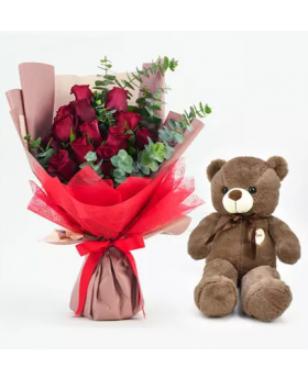 13 Roses Bouquet With Teddy