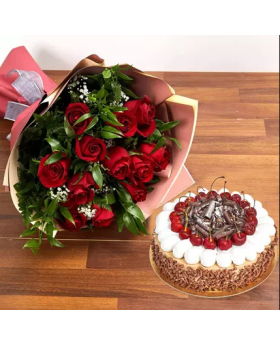 Red Roses Bunch & Black Forest Cake