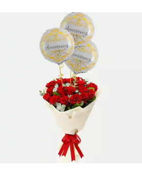 Red Roses Bouquet with Anniversary Balloons