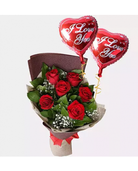 6 Red Roses Bouquet With I Love You Balloons